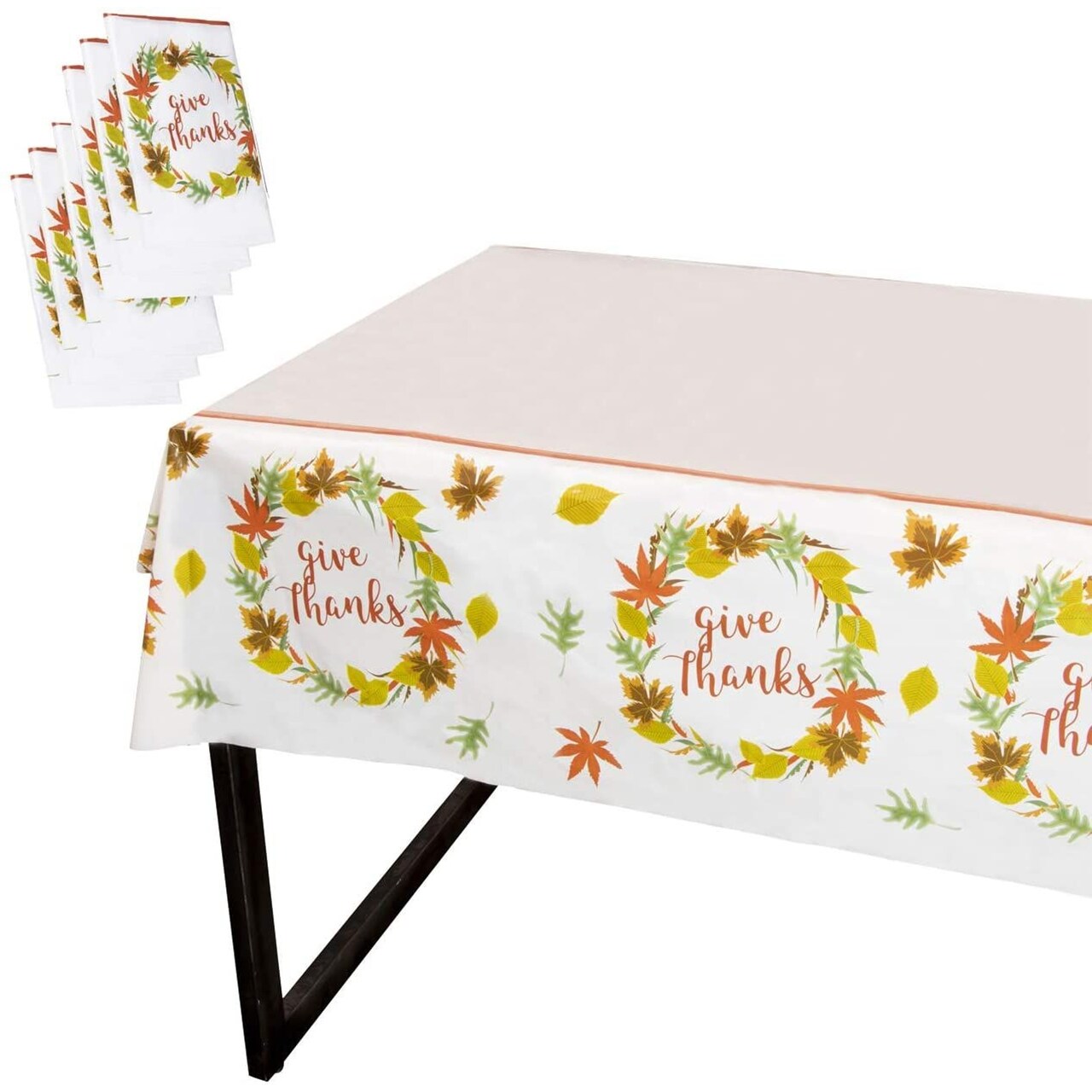 Juvale Thanksgiving Party Tablecloth - 6-Pack Disposable Plastic Rectangular Table Covers - Fall Themed Party Decoration Supplies, Give Thanks with Autumn Leaves Design, 54 x 108 Inches